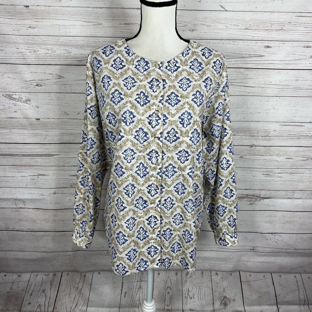 L.L. Bean Womens Button Down Top Blouse Size 8 Brown Blue White Long Sleeve